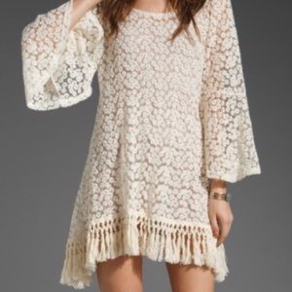 Gypsy Junkies Mimi Daisy Sheer Cream Tunic with Lace Crochet and Tassels Boho